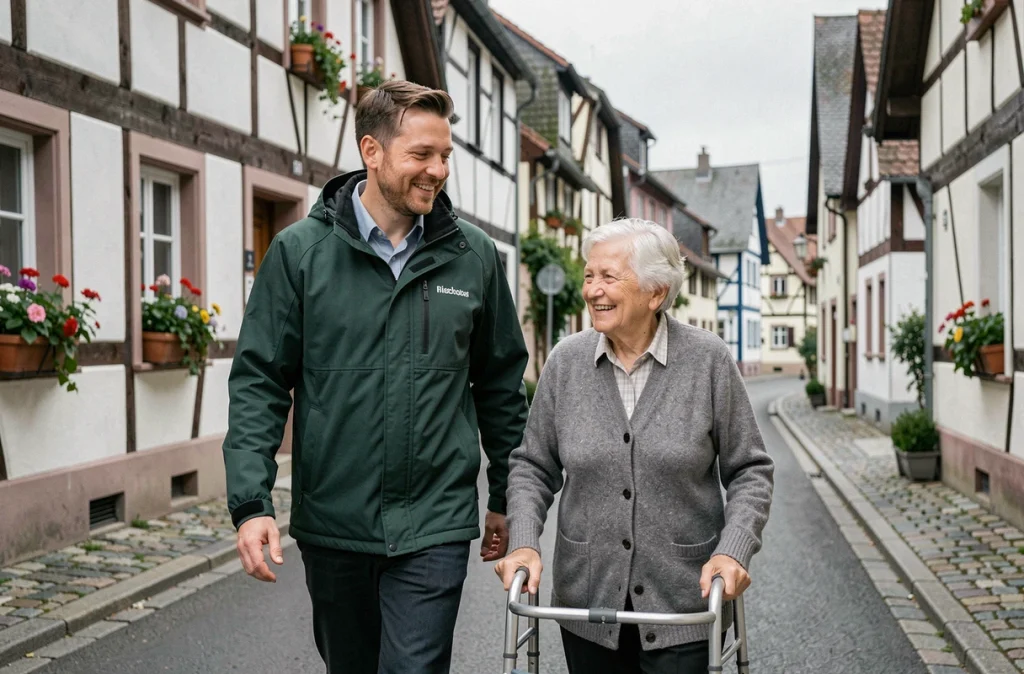 Un auxiliaire de vie 1000 Services 67 accompagne une personne âgée en promenade dans les rues du village de Bischoffsheim dans le Bas-Rhin