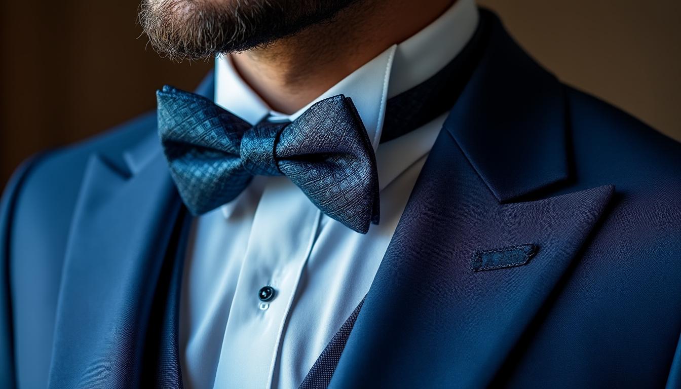 Quel nœud papillon avec costume bleu est la meilleure option pour les soirées chics ?