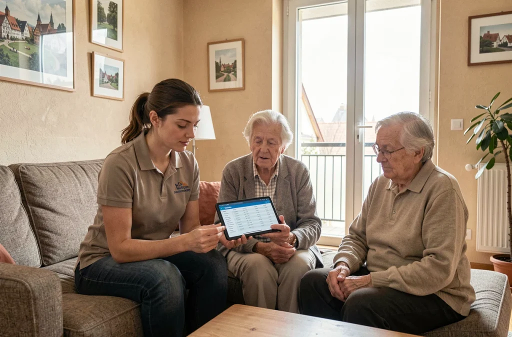 Une intervenante Azaé A2micile discute du planning de soins avec un couple âgé dans leur appartement strasbourgeois