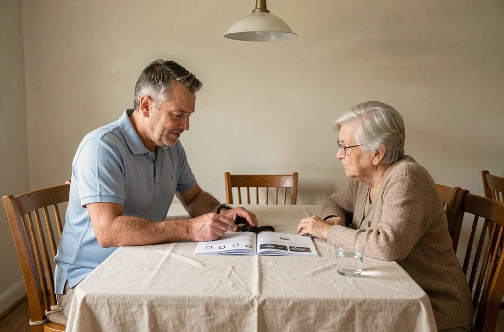 Aidant masculin expliquant le mode d'emploi d'une montre connectée à une femme âgée à table