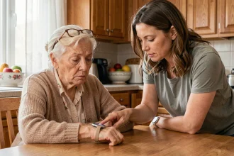 Aidante aidant une femme âgée à comprendre sa montre connectée dans une cuisine chaleureuse