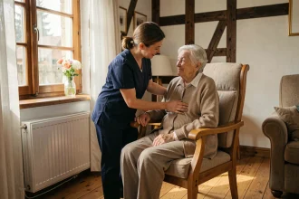Une aide à domicile en uniforme accompagne une personne âgée dans un intérieur alsacien chaleureux, illustrant les services d'aide à domicile dans le Bas-Rhin