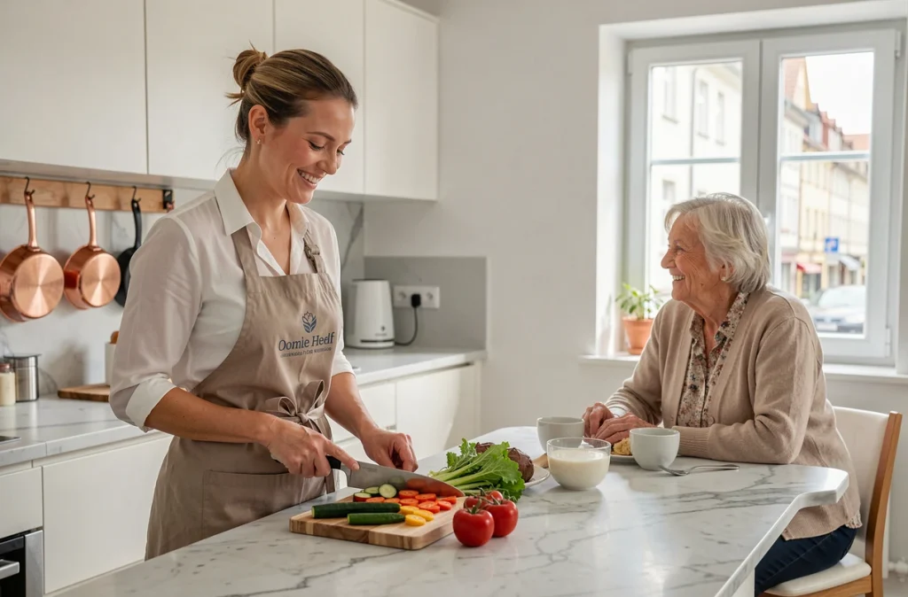 Une intervenante APEF Services prépare un repas équilibré pour une personne âgée dans une cuisine moderne à Strasbourg