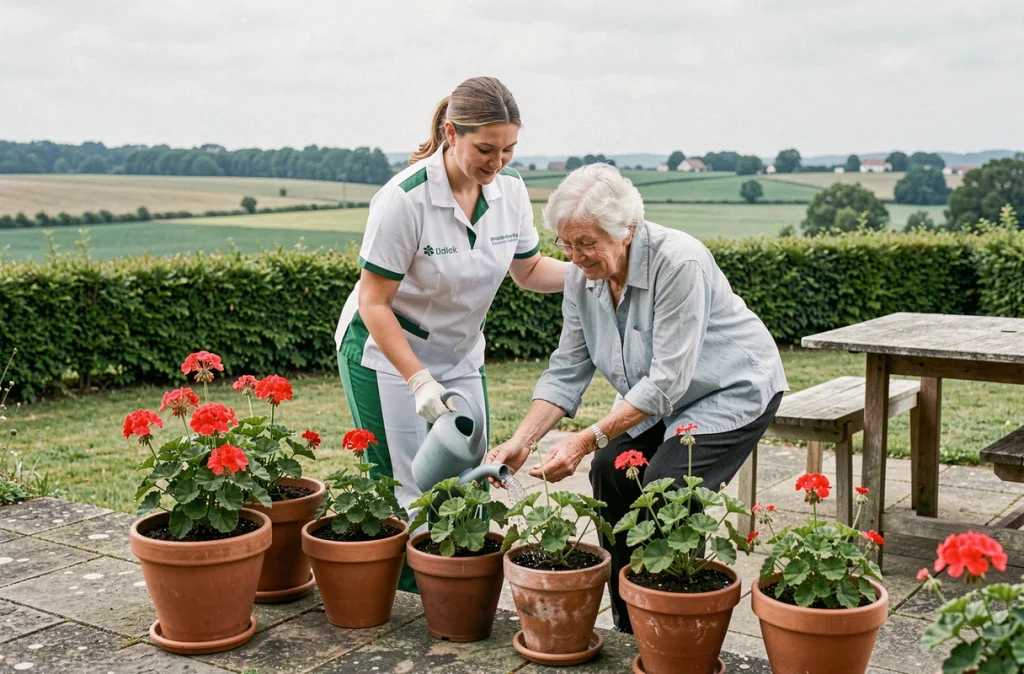 Une auxiliaire de vie AVS Autonomie aide une femme âgée à entretenir ses plantes dans un jardin près d'Entzheim dans le Bas-Rhin