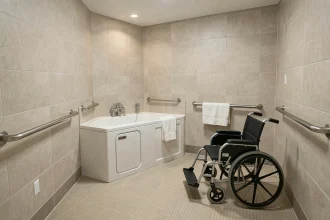 Salle de bains PMR moderne avec baignoire à porte latérale, barres d'appui et sol antidérapant