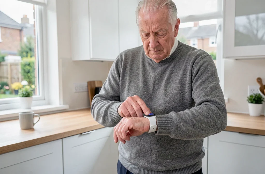 Homme âgé appuyant sur le bouton SOS de sa montre senior dans une cuisine moderne