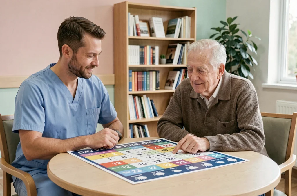 Un soignant aide un homme âgé désorienté à lire un calendrier grand format adapté dans une salle commune de maison de retraite