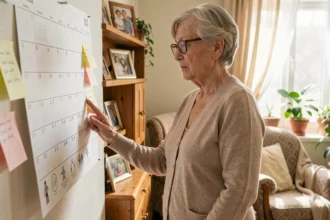 Une femme âgée consulte un grand calendrier illustré avec pictogrammes pour personnes désorientées, affiché dans un salon chaleureux