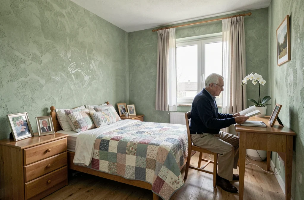 Chambre privée personnalisée d'un résident en EHPAD avec décoration familiale et atmosphère apaisante
