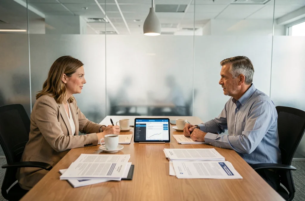 Deux professionnels du droit collaborant autour d'un tableau de bord de gestion de protection juridique en salle de réunion