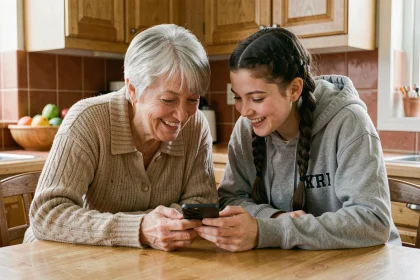 Grand-mère et adolescente complices autour d'un smartphone dans une cuisine familiale chaleureuse