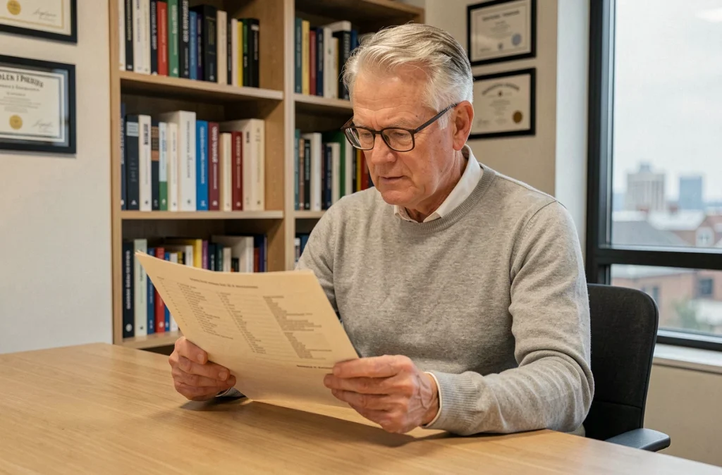 Consultant senior concentré analysant un document stratégique dans un bureau professionnel avec bibliothèque en arrière-plan
