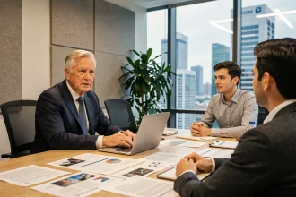 Consultant senior en costume marine dirigeant une réunion avec de jeunes collègues dans une salle de conférence moderne