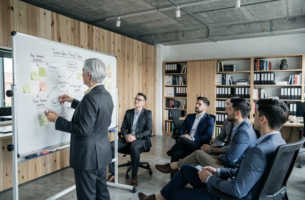 Consultante senior aux cheveux argentés présentant une stratégie au tableau devant une équipe de consultants juniors