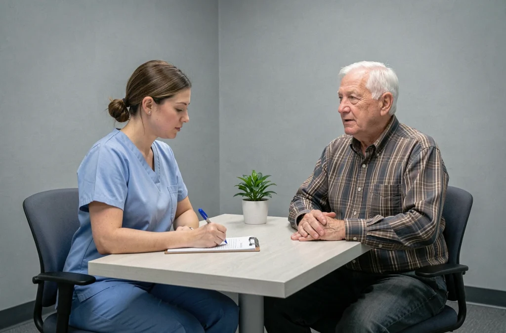 Professionnel de santé évaluant le niveau GIR d'un patient âgé lors d'une consultation médicale