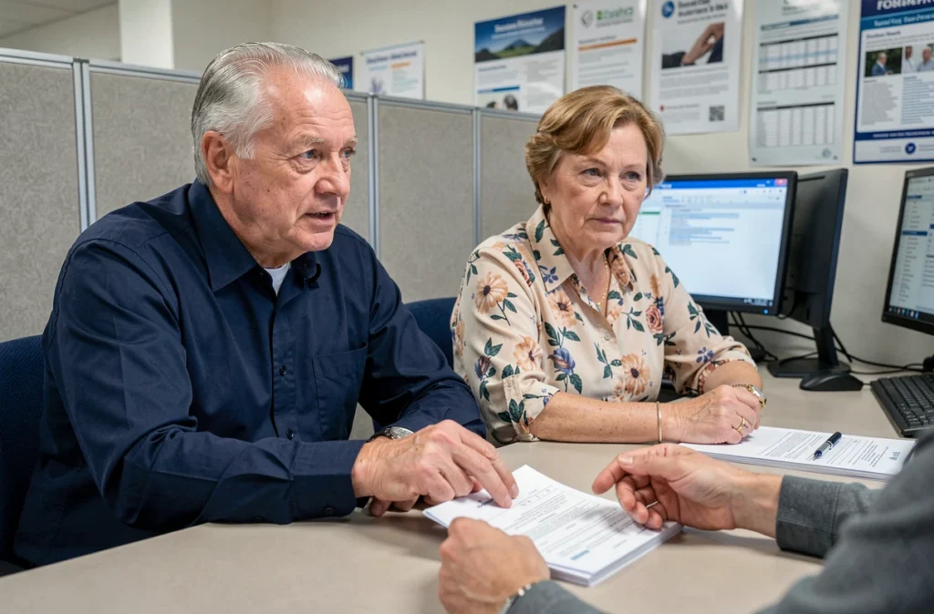 Couple de retraités en rendez-vous avec un conseiller pour les droits Agirc-Arrco