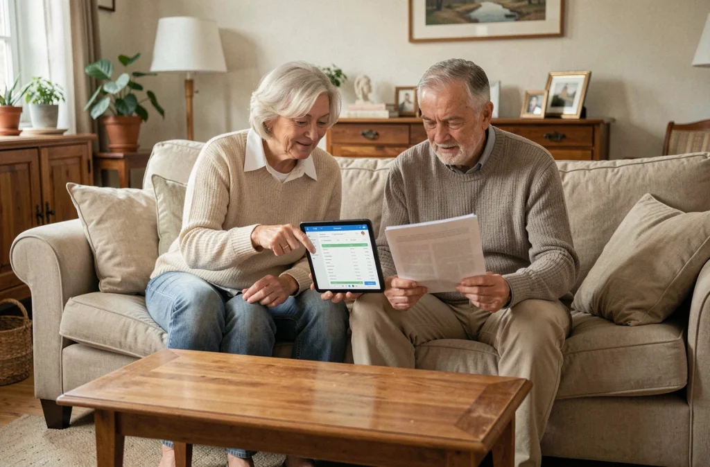 Un couple de seniors examine ensemble une application de gestion budgétaire sur tablette pour accompagner un proche sous protection juridique