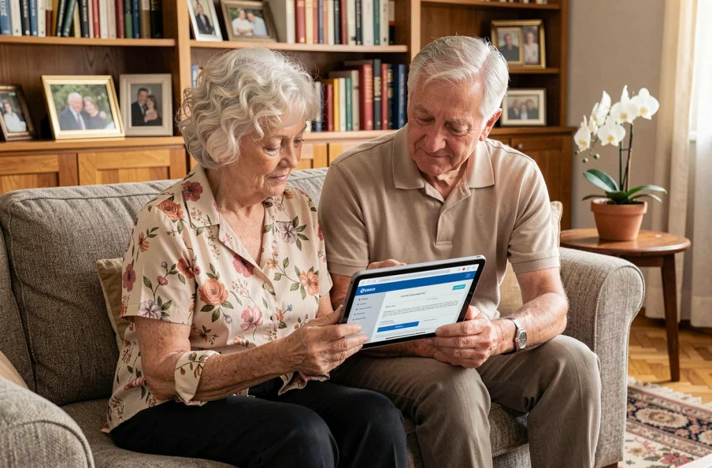 Couple de seniors consultant ensemble un portail d'aides financières sur une tablette à domicile
