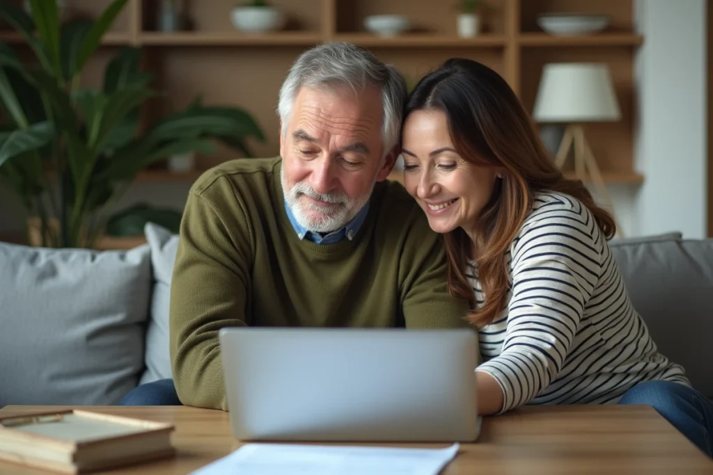 Couple vérifiant l'authenticité d'un courrier Agirc Arrco sur un site officiel