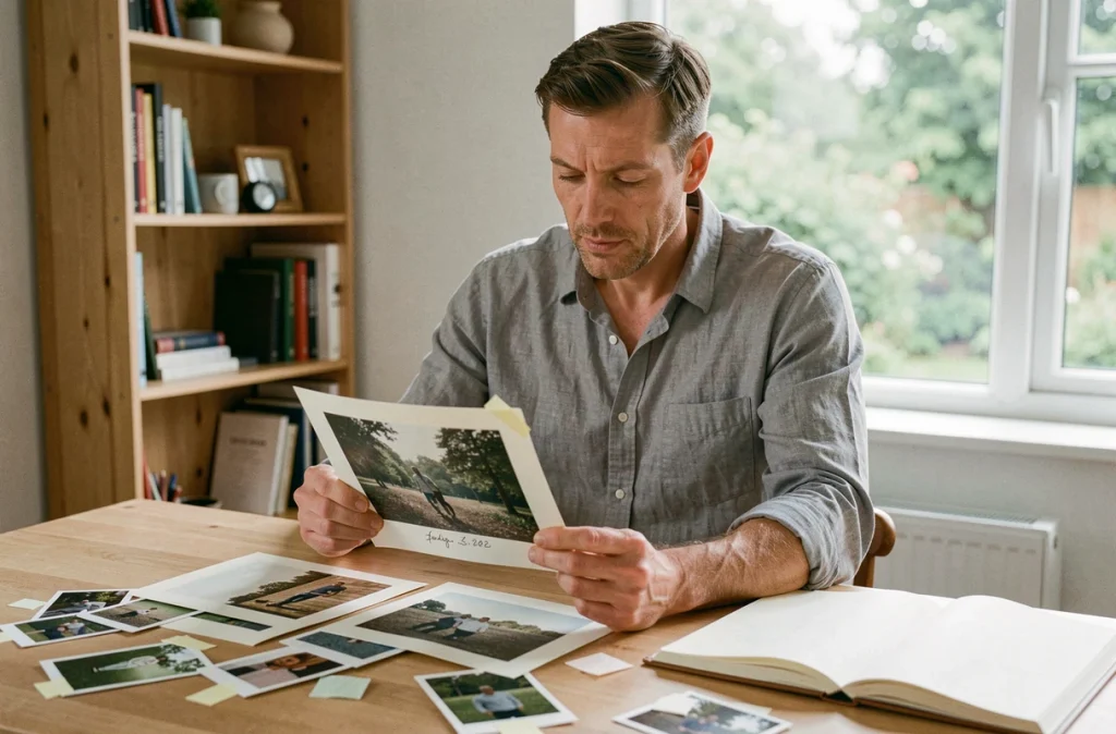 Homme organisant des photos imprimées pour créer un album souvenir familial fait main
