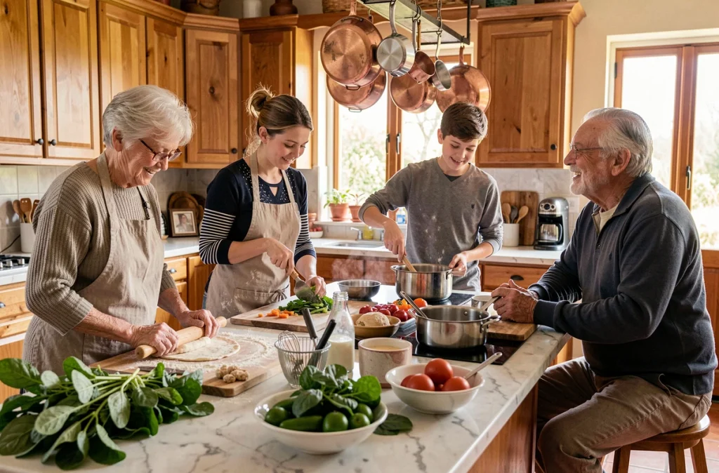 Famille de trois générations cuisinant ensemble dans une grande cuisine conviviale lors d'une fête familiale
