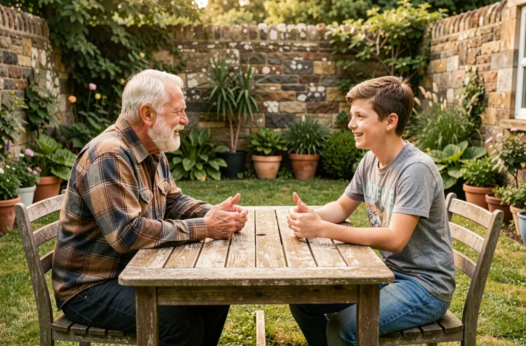 Grand-père et adolescent en conversation animée dans un jardin familial verdoyant
