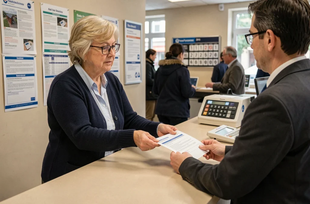 Femme retraitée déposant une enveloppe de documents officiels au guichet d'un bureau de poste pour Agirc Arrco