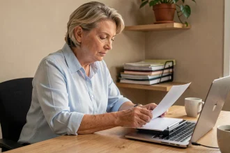 Femme de 50 ans scannant des documents administratifs à son bureau à domicile pour les envoyer à Agirc Arrco