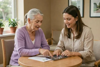 Une femme âgée et sa fille adulte consultent ensemble des documents sur une maison de retraite dans un bureau moderne et lumineux