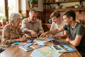 Famille intergénérationnelle planifiant des vacances ensemble autour d'une table avec des cartes et brochures de voyage