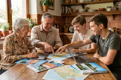 Famille intergénérationnelle planifiant des vacances ensemble autour d'une table avec des cartes et brochures de voyage
