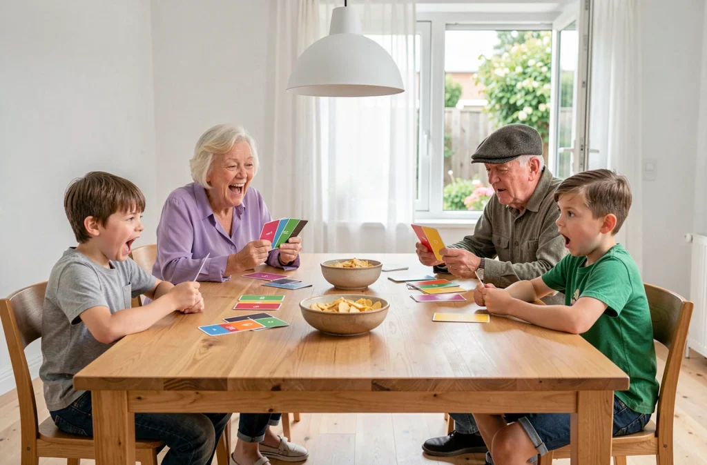 Famille intergénérationnelle jouant aux cartes Uno ensemble autour d'une grande table, grands-parents et petits-enfants riant lors d'un moment de jeu convivial