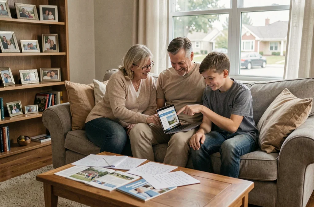 Une famille réunie autour d'un ordinateur portable pour rechercher une maison de retraite adaptée à leur proche âgé