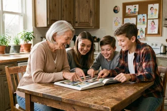 Grand-mère et sa famille réunis autour d'un album photo familial ouvert sur une table en bois