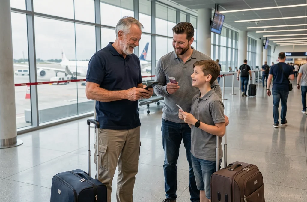 Grand-père, père et petit-fils à l'aéroport avec leurs valises pour des vacances en famille
