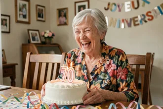 Femme de 70 ans souriante soufflant les bougies de son gâteau d'anniversaire lors d'une fête en famille