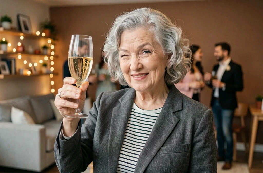 Femme élégante de 70 ans levant une coupe de champagne avec humour lors d'une soirée d'anniversaire