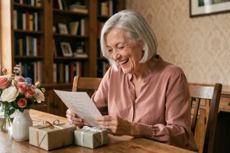 Femme de 70 ans souriant en lisant un message d'anniversaire manuscrit entourée de cadeaux et fleurs sur une table en bois