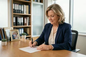 Femme cadre rédigeant sa lettre de départ à la retraite à son bureau en entreprise