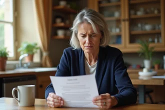 Femme examinant un courrier suspect de chèque-vacances Agirc Arrco à son domicile