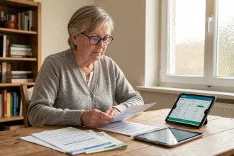 Une femme mature consulte des relevés bancaires et une application de budget sur tablette pour gérer les finances d'un proche protégé