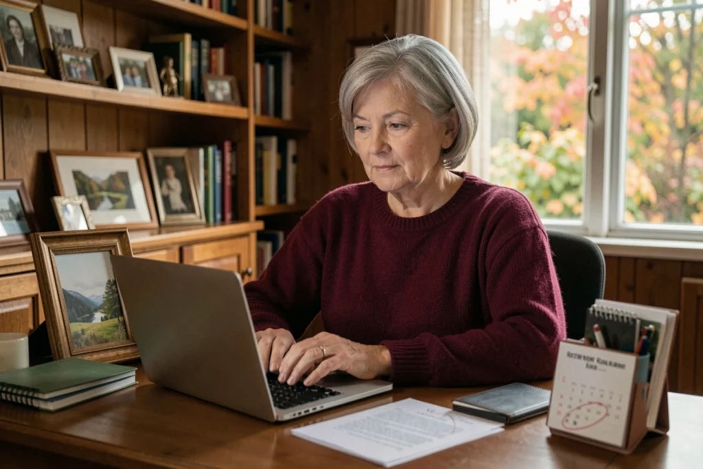 Femme retraitée rédigeant sa lettre de départ à la retraite sur ordinateur dans un bureau à domicile chaleureux