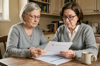 Femme retraitée consultant des documents de pension de réversion à la maison