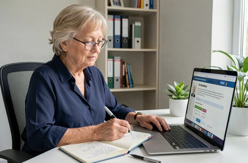 Femme retraitée simulant l'impact d'une nouvelle taxe sur ses revenus 2026 via un ordinateur portable