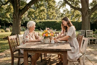 Grand repas familial en plein air réunissant trois générations autour d'une table en bois dans un jardin verdoyant