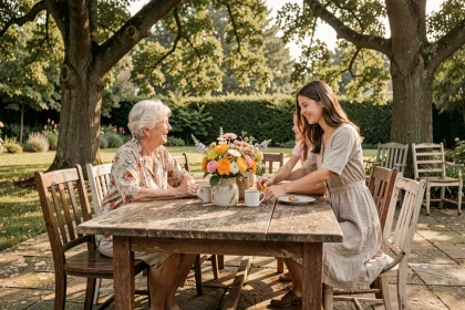 Grand repas familial en plein air réunissant trois générations autour d'une table en bois dans un jardin verdoyant