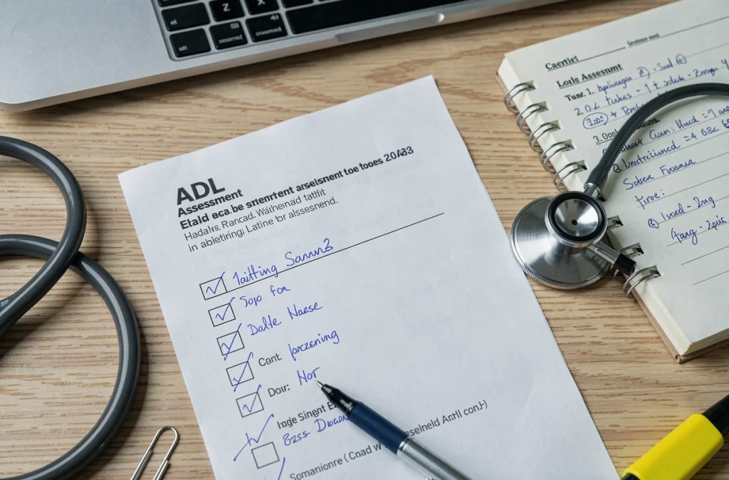 Vue de dessus d'un formulaire d'échelle ADL imprimé avec annotations manuscrites sur un bureau clinique à côté d'un ordinateur portable et d'un stéthoscope