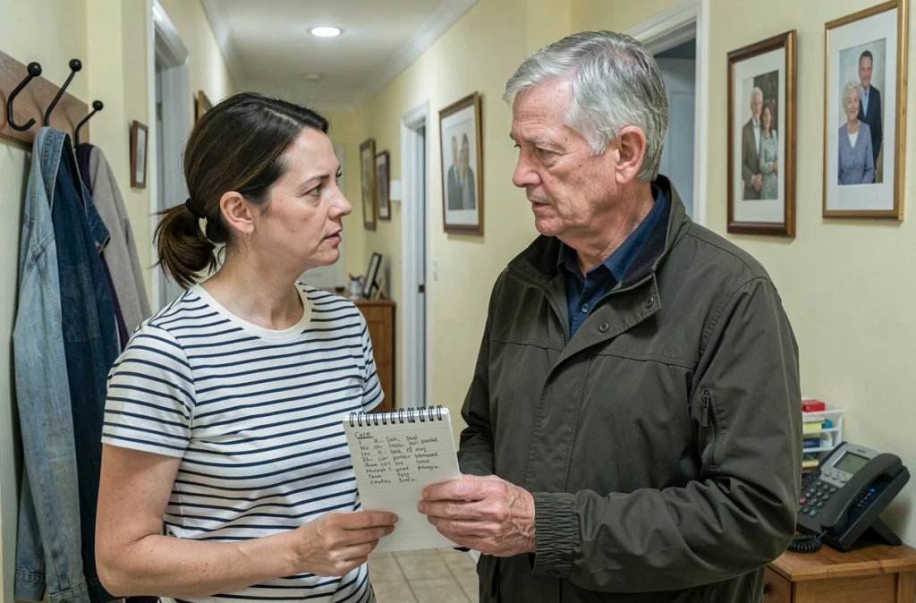Deux frères et sœurs adultes discutant de l'organisation des soins pour un parent âgé dans un couloir familial