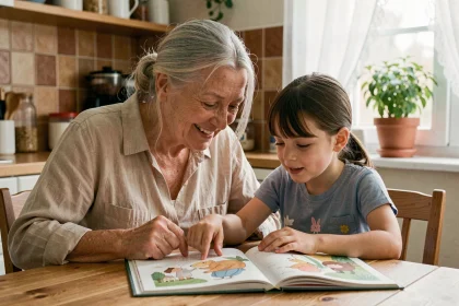 Grand-mère et petite-fille lisant un livre illustré ensemble à la table de cuisine familiale