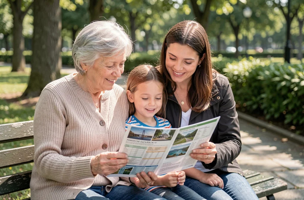 Grand-mère, mère et petite-fille lisant un itinéraire de vacances sur un banc de parc